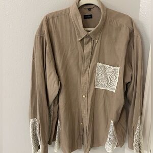 Lace Cowgirl Corduroy redone upcycled tan cream button up overshirt unisex XXL